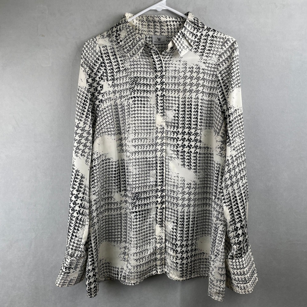 Vintage Worthington Womens Black White Abstract Print Button Blouse Officecore L